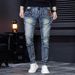 Men's Distressed Patchwork Jeans - Vintage Washed Slim Fit Denim Pants With Artistic Rips & Embellishments For Urban Street Style_mkmklike.com
