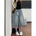 Light Colored Rhinestone Denim Capri Pants plus Size Loose Fit Slimming Wide Leg Pear Shaped Figure New Summer Style_mkmklike.com
