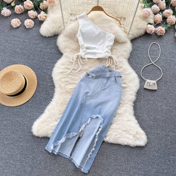 Women's Drawstring Lace-up Slouchy Vest Irregular Raw Edge Split Denim Half-body Skirt Two Piece Set_mkmklike.com
