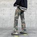 Men's Clothing High Street Ink Splash Camouflage Overalls With Multiple Pockets Loose Straight Leg Wide Leg Ripped Trendy Hip Hop Jeans_mkmklike.com
