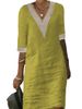 Women's solid color V-neck mid-sleeve cotton and linen casual dress_mkmklike.com