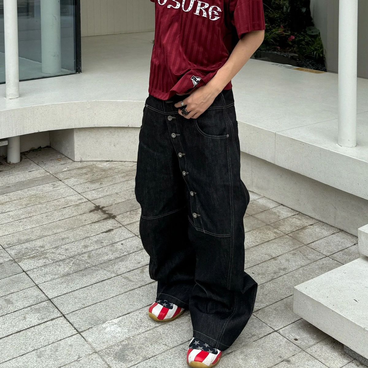 Men's Clothing High Street Style Curved Long Button Scimitar Jeans For Men, Summer Loose American Clean Fit Wide Leg Floor Length Trousers Trendy_mkmklike.com
