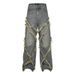 Men's Clothing Washed Distressed Stitching Cat Whisker Jeans Unisex Fashion Brand Loose Wide Leg Straight Trousers_mkmklike.com