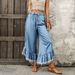 Women's Wide Leg Jeans Elastic Waist Drawstring Side Pleats Frayed Edges Lace up Design Denim_mkmklike.com