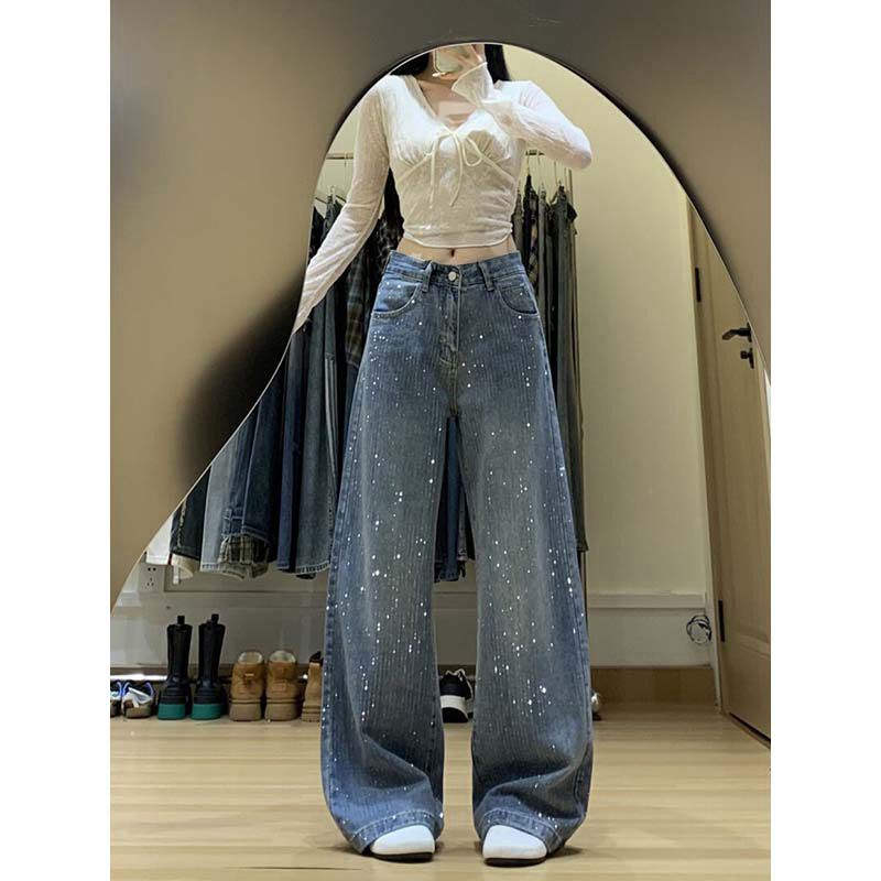 Women's High-Waisted Slimming Rhinestone Denim Jeans Straight Leg Wide Leg Pants Retro American Style For Autumn/Winter_mkmklike.com