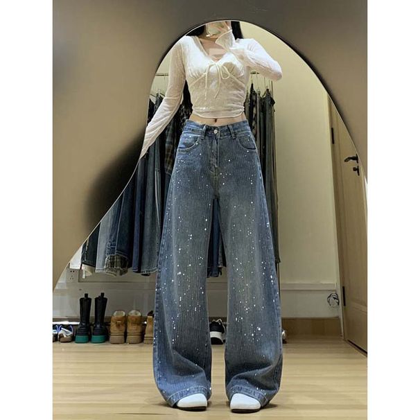 Women's High-Waisted Slimming Rhinestone Denim Jeans Straight Leg Wide Leg Pants Retro American Style For Autumn/Winter_mkmklike.com