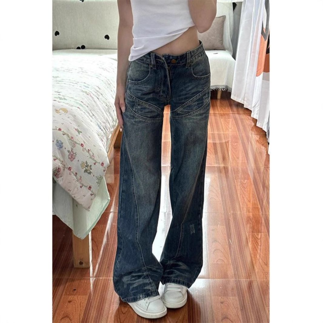 Women's Retro Patchwork Flared Jeans Low Waist Wide Leg Pants Versatile Floor-Length Casual Denim for Spring And Autumn_mkmklike.com