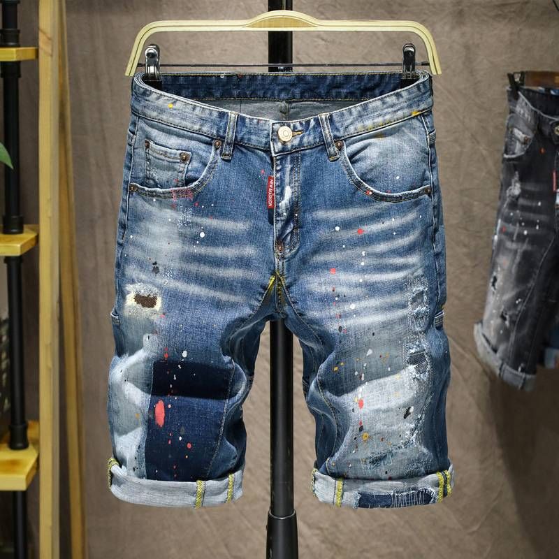 Men's Clothing 2024 Summer Street Trousers, Heavy-duty Washed Hole Patch Patches, Sprinkled Paint Spots, Denim Mid-length Trousers For Men_mkmklike.com