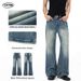 Men's High Street Washed Whiskered Flared Jeans Retro Unisex Vibe Stylish Floor Length Pants_mkmklike.com