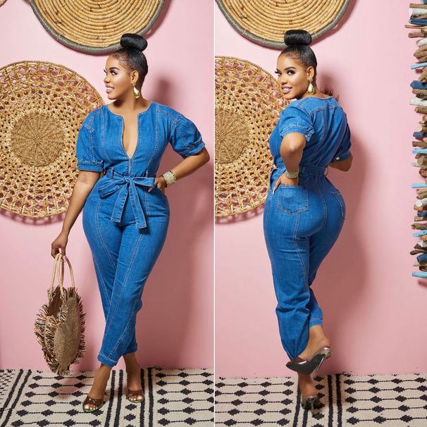 Women's Clothing washed blue fashionable temperament jumpsuit denim trousers_mkmklike.com