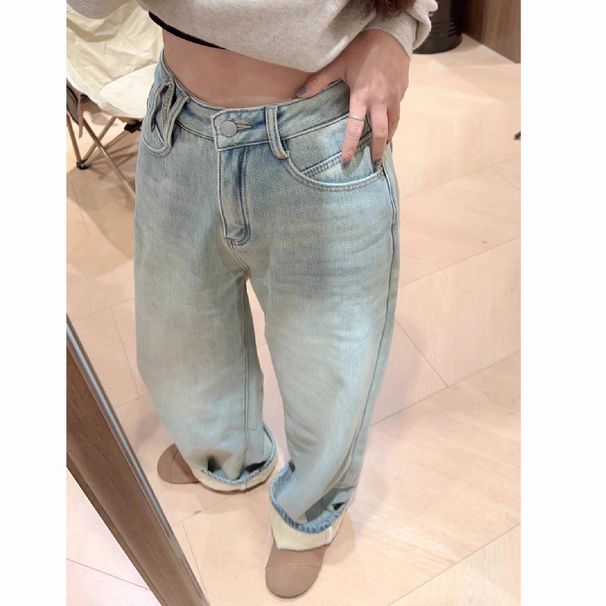 Women's Clothing Spring And Autumn High Street Small High Waist Straight Loose Light Blue Plus Velvet Denim Wide Leg Pants _mkmklike.com