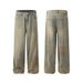 Men's Clothing Washed Yellow Mud Dyed Jeans Retro Bamboo Stripes Design Loose Straight Floor Length Pants For Men_mkmklike.com