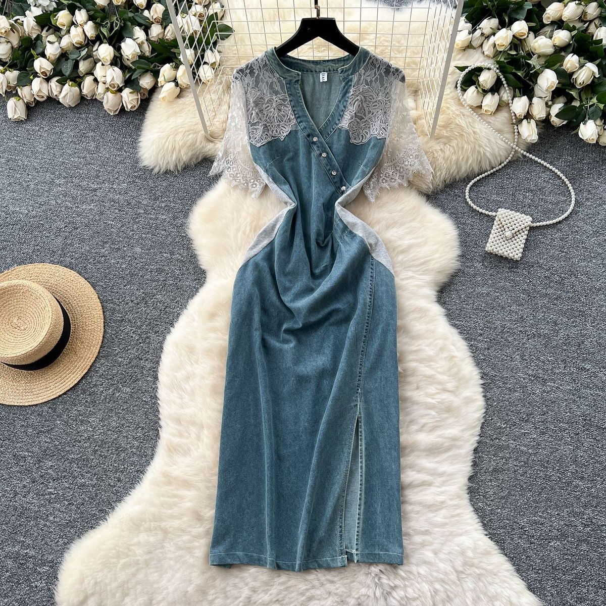Women's Clothing Light Mature Style Niche Retro V Neck Lace Splicing Short Sleeved Waist Denim Dress Female Summer Slim Slit Long Skirt_mkmklike.com
