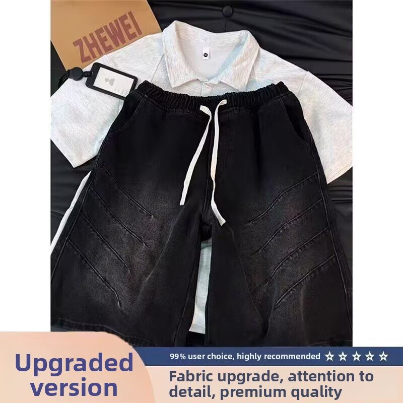 Men’s Washed Wrinkle Denim Shorts – Shark Gill Drawstring, Cleanfit Style, Casual Summer Wear (S-3XL)_mkmklike.com