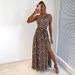 Women's oblique shoulder leopard print slim waist temperament long dress_mkmklike.com
