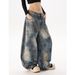 Men's High Street Distressed Patchwork Wide Leg Jeans | Vintage Graffiti Design | Loose Fit Retro Denim Pants_mkmklike.com