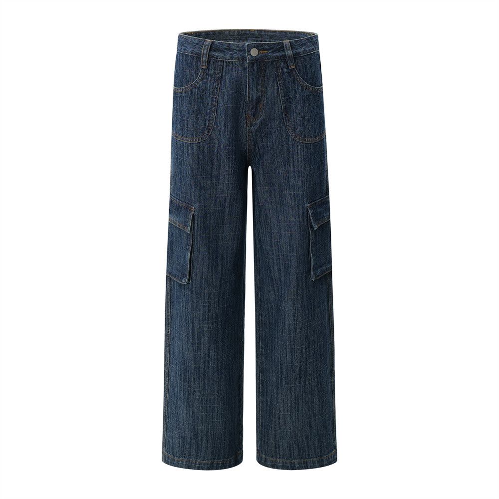 Men's Cargo Jeans High Street Trendy Punk Loose Casual Straight Long Design Textured Wide-Leg Pants_mkmklike.com