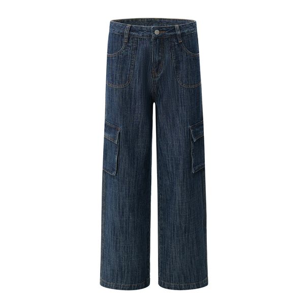 Men's Cargo Jeans High Street Trendy Punk Loose Casual Straight Long Design Textured Wide-Leg Pants_mkmklike.com