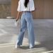 Women's High Waist Stretchy Elastic Waistband Wide Leg Jeans Loose Fit Straight Denim Pants For Casual Streetwear_mkmklike.com