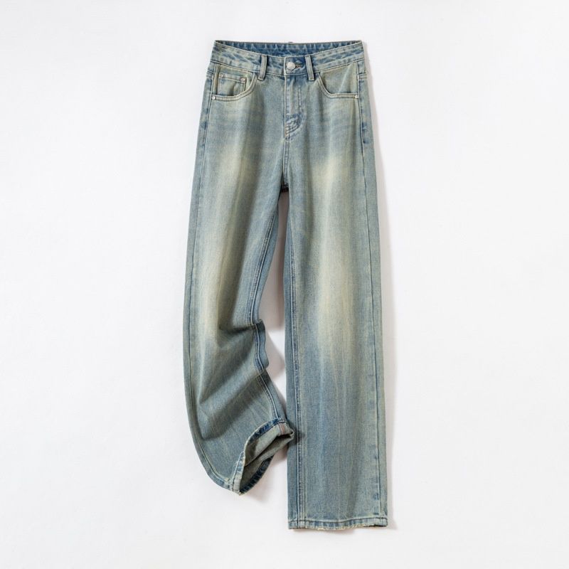 European And American Style Vintage Blue Washed High-waisted Trendy Wide-leg Pants 2026 Spring Distressed Slimming_mkmklike.com