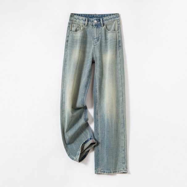 European And American Style Vintage Blue Washed High-waisted Trendy Wide-leg Pants 2026 Spring Distressed Slimming_mkmklike.com