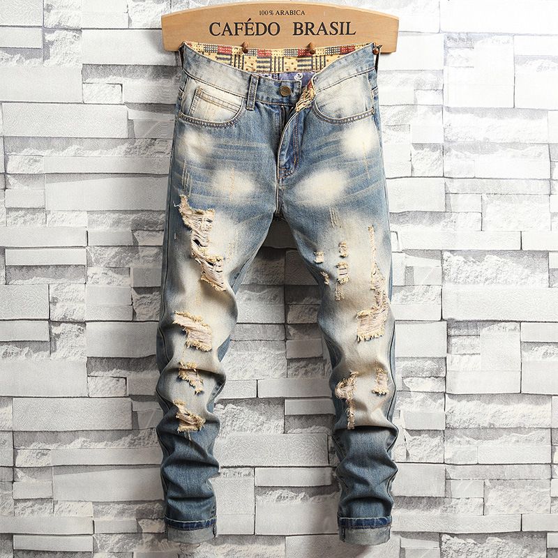 Vintage Washed Denim Jeans For Men - American High Street Slim Straight Fit With Distressed Details & Classic Five-Pocket Design_mkmklike.com