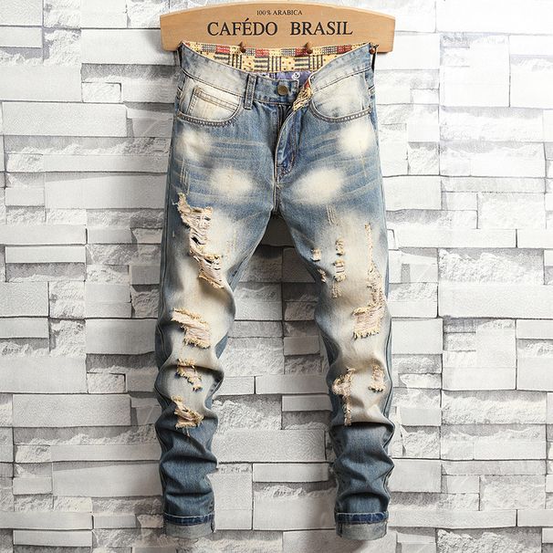 Vintage Washed Denim Jeans For Men - American High Street Slim Straight Fit With Distressed Details & Classic Five-Pocket Design_mkmklike.com