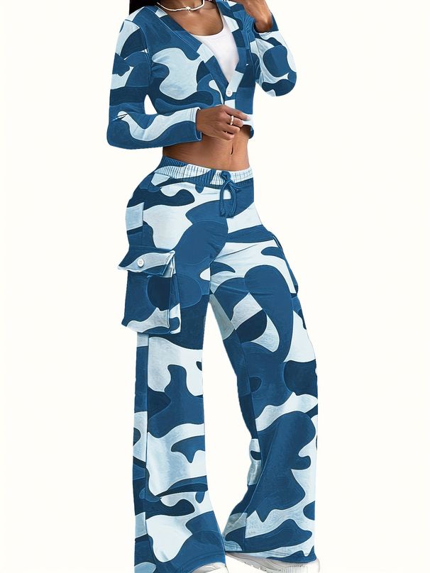 Women's Clothing fashion camouflage print casual sexy short tops casual pants suits _mkmklike.com