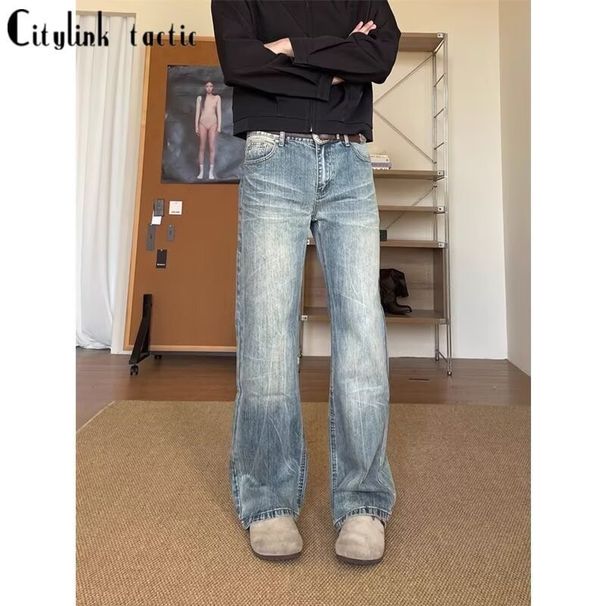 Men's Straight Leg Slightly Flared Jeans Cleanfit Bamboo Texture Premium Washed Distressed Retro Style High Street_mkmklike.com
