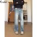 Men's Straight Leg Slightly Flared Jeans Cleanfit Bamboo Texture Premium Washed Distressed Retro Style High Street_mkmklike.com