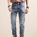 Splicing Ripped Jeans Men's Slim-fitting Small Straight Pants Patch Ripped Holes And Scratched Edges_mkmklike.com