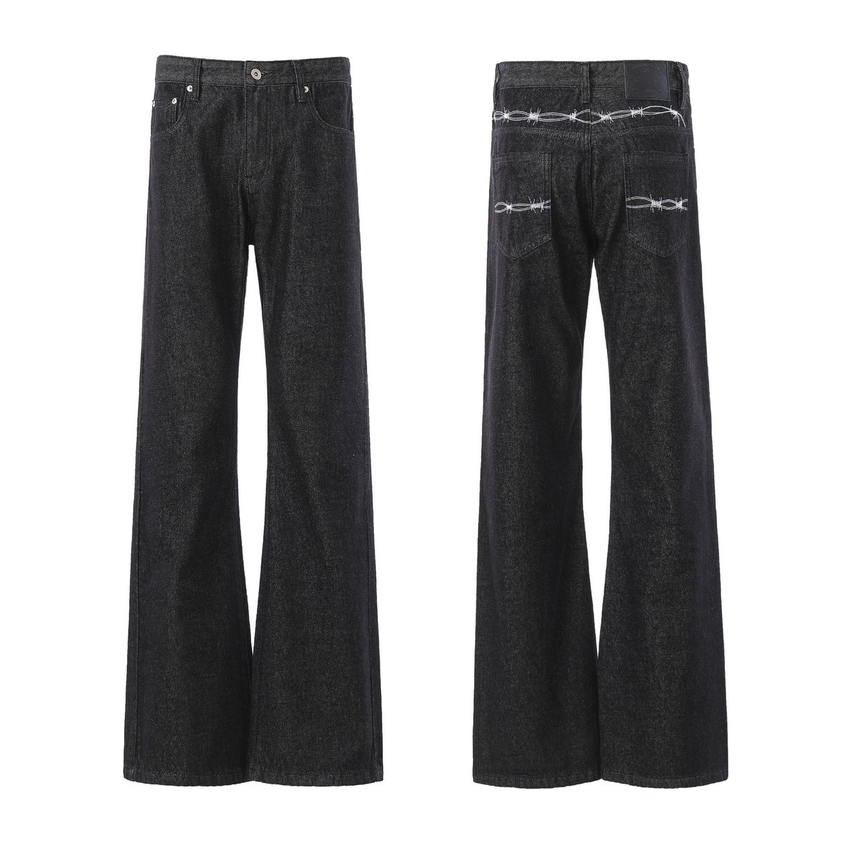 Men's Clothing American Retro Slim Fit Washed Flared Jeans Embroidered Scimitar Cut Loose Wide Leg Floor Length Trousers_mkmklike.com