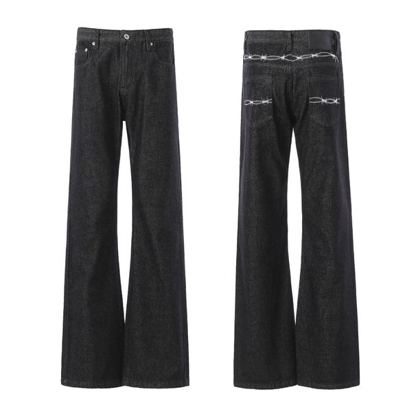 Men's Clothing American Retro Slim Fit Washed Flared Jeans Embroidered Scimitar Cut Loose Wide Leg Floor Length Trousers_mkmklike.com