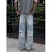 Men's Ripped Jeans High End Feel Loose Wide Leg Straight Long Pants Cool Casual Summer Style Reverse Closure_mkmklike.com