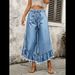 Women's Wide Leg Jeans Elastic Waist Drawstring Side Pleats Frayed Edges Lace up Design Denim_mkmklike.com