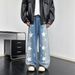 Men's Star Print Jeans - Relaxed Straight Leg Denim Pants With Washed Finish For Casual Wear_mkmklike.com