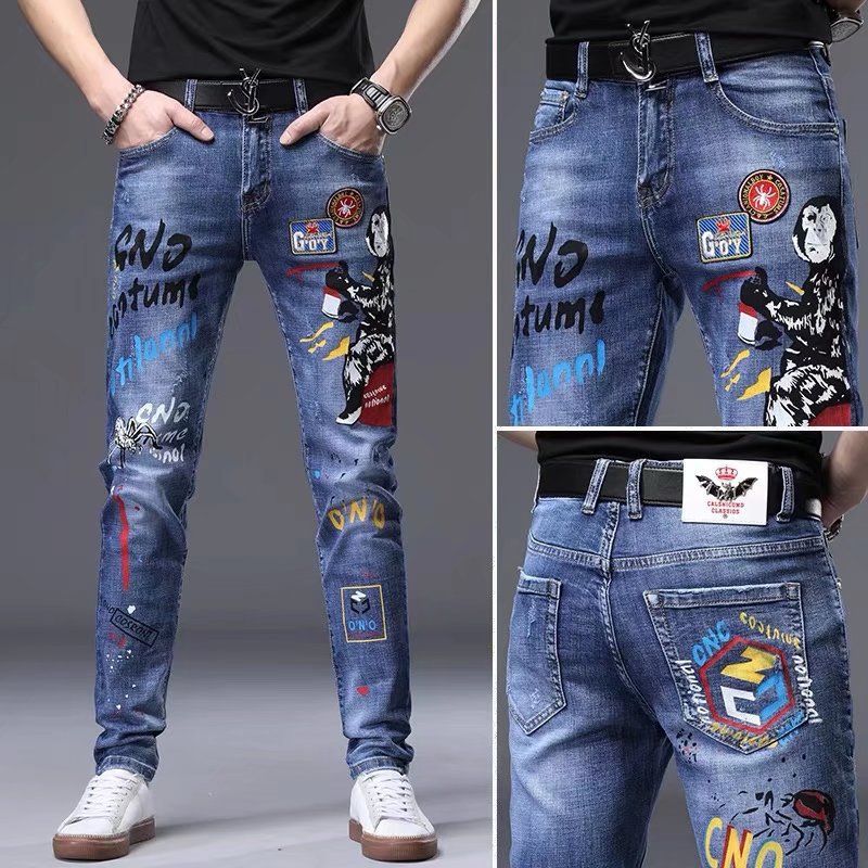 Men's Slim Straight Blue Distressed Jeans With Patchwork & Ripped Details For Spring & Summer_mkmklike.com