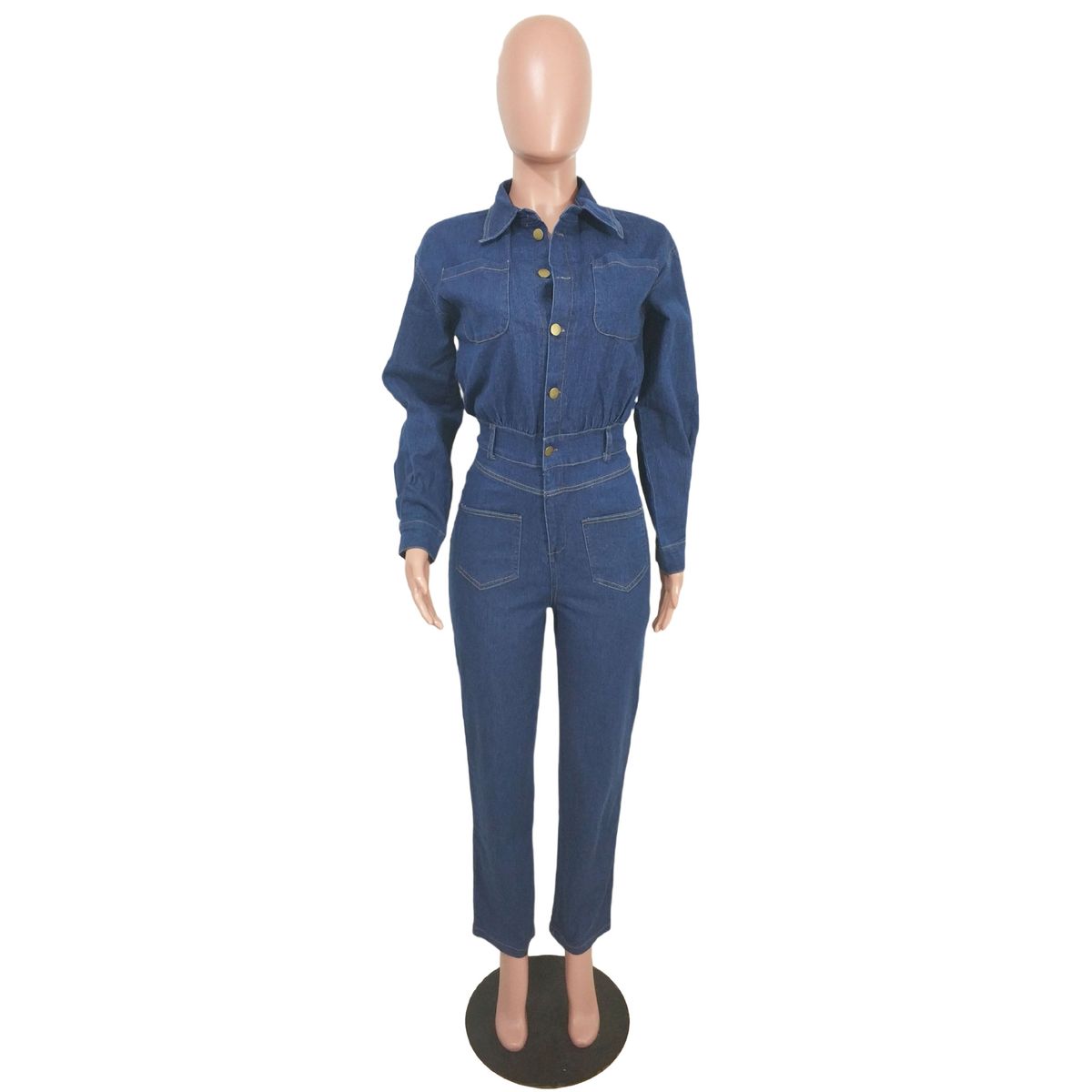K Slim Fit Elastic Small Toe Denim Jumpsuit With Pockets_mkmklike.com