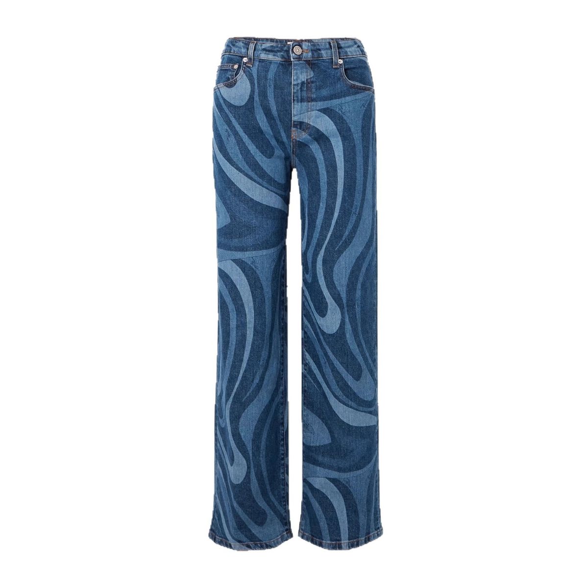 Women's High Waist Straight Leg Jeans With Water Wave Print - Cotton Denim Pants For Casual & Street Style (Blue, S/M/L/XL)_mkmklike.com
