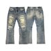 Men's Retro Patchwork Ripped Jeans High Street Style Distressed Finish Knife Cut Splatter Paint Dirty Wash Design Blue mid Waist_mkmklike.com