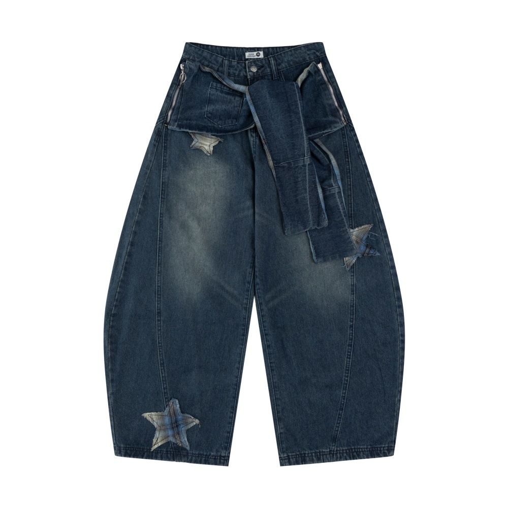 Unique Star Design Washed Denim Scimitar Pants Men's Trendy Brand High Street Vintage Punk Loose Wide-Leg Trousers_mkmklike.com