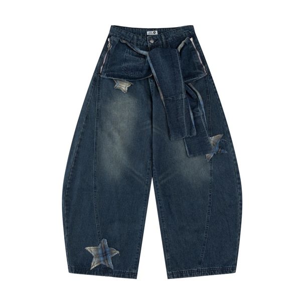 Unique Star Design Washed Denim Scimitar Pants Men's Trendy Brand High Street Vintage Punk Loose Wide-Leg Trousers_mkmklike.com