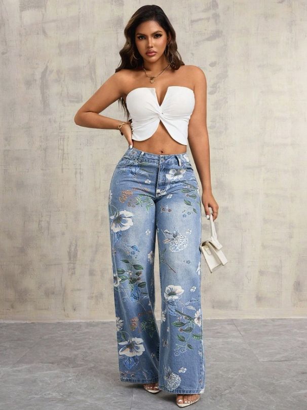 Spring Summer New Women's Button up Front Pocket Printed Casual Jeans Denim Export Style 2026_mkmklike.com