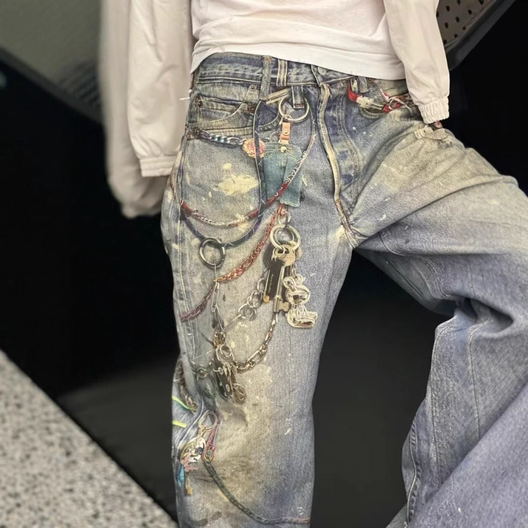 Men's Vintage Washed Distressed Jeans - Streetwear Straight Fit With Urban Print (S-XXXL, Size Chart Included)_mkmklike.com