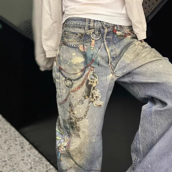 Men's Vintage Washed Distressed Jeans - Streetwear Straight Fit With Urban Print (S-XXXL, Size Chart Included)_mkmklike.com