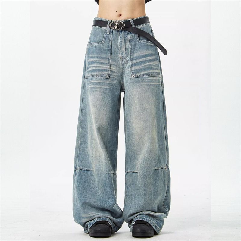 Men's Vintage Washed Distressed Jeans Light Blue Relaxed Wide-Leg Denim Pants 90s Streetwear Style Scraped Details_mkmklike.com