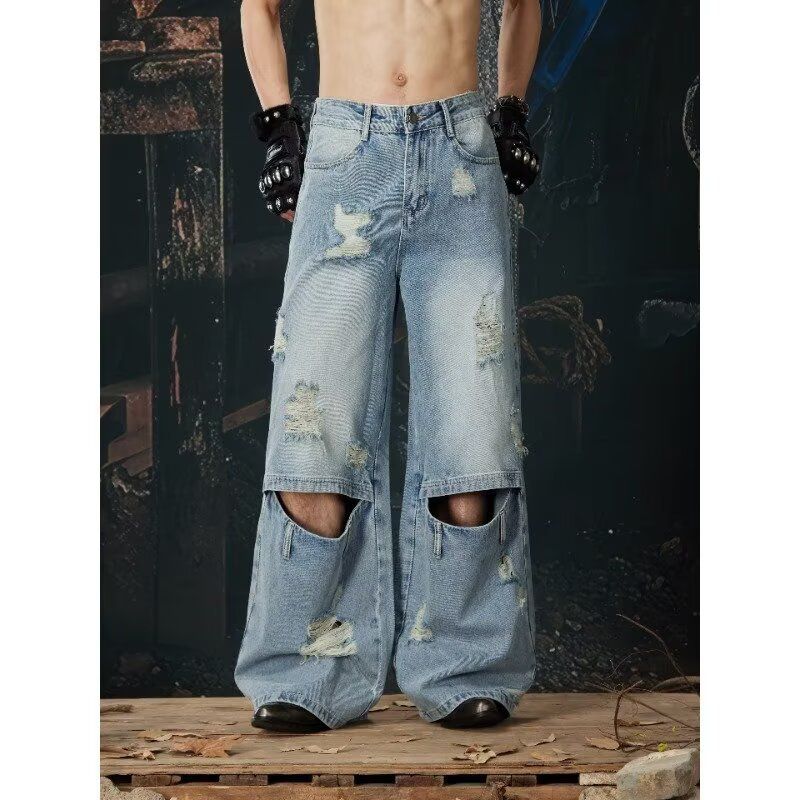 Men's Clothing Retro Ripped Jeans Wide Leg Pants Men's And Women's Summer Distressed Drape Versatile Straight Leg Floor Length_mkmklike.com