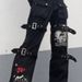 K Street Cool Trendy Design Print Metal Buckle Denim Draped Long Pants_mkmklike.com