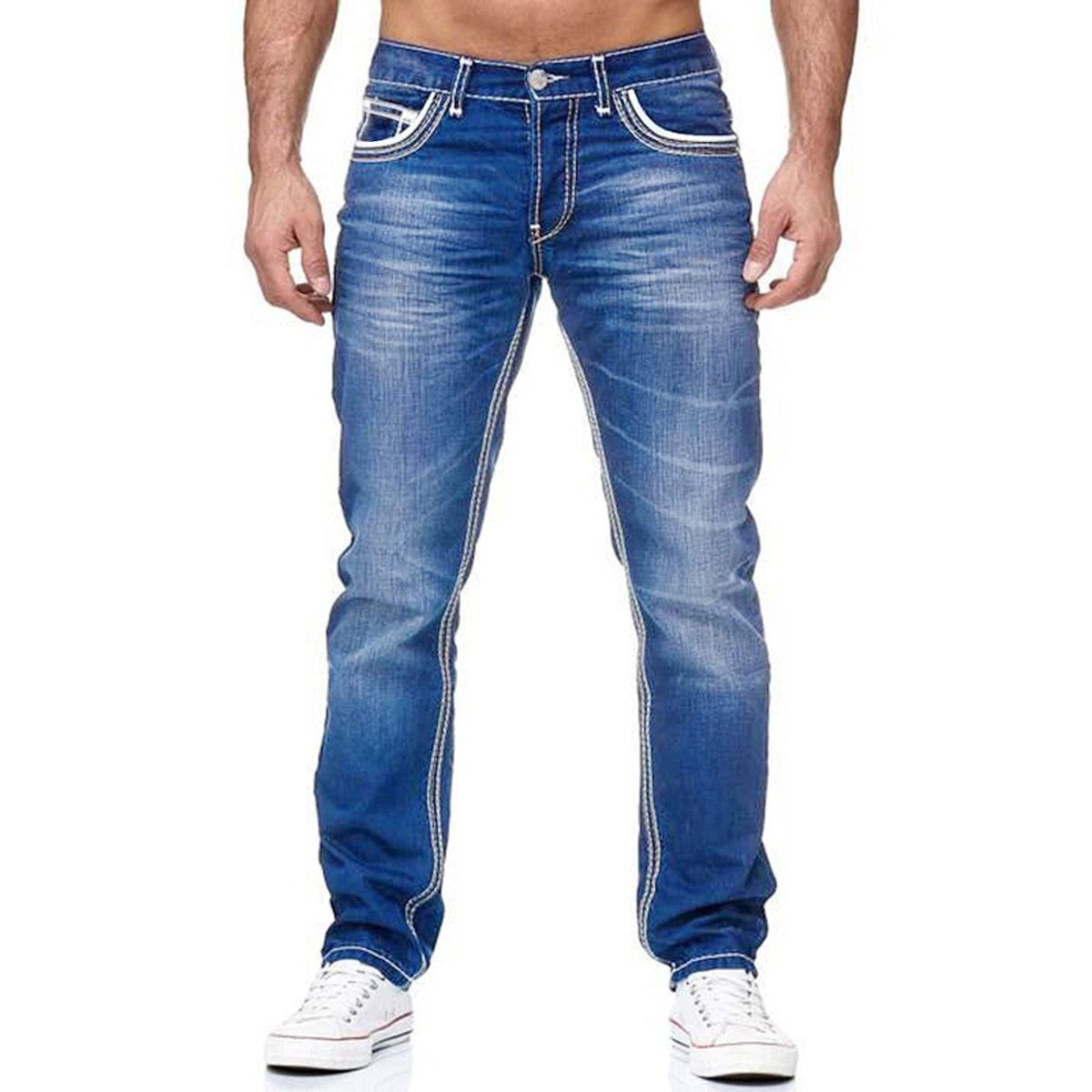 Men's Slim Fit Double Line Jeans Classic Three Color Denim Straight Pants High Quality European American Style_mkmklike.com