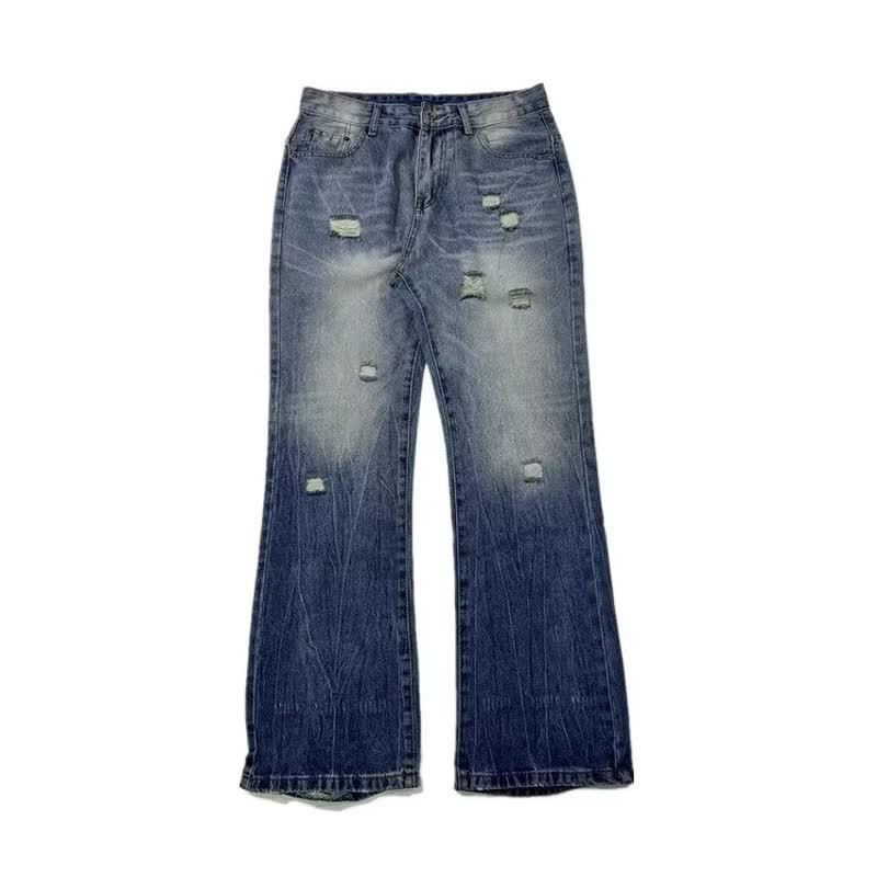 Men's Retro Distressed Denim Jeans Vintage Streetwear Baggy Straight Flared Workwear Style Blue Pants_mkmklike.com
